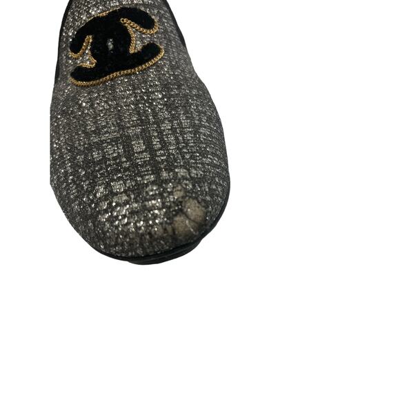 CHANEL Silver/Black Tweed Interlocking CC Logo Accent Loafers Flats Size 37 US 7 - Picture 8 of 10